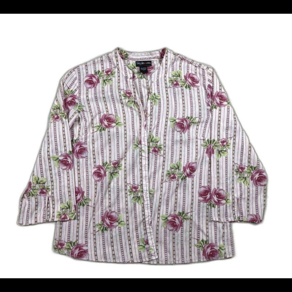 Style & Co Shirt Womens 12 Pink Rose Floral Stripe Cotton Cottagecore Cropped